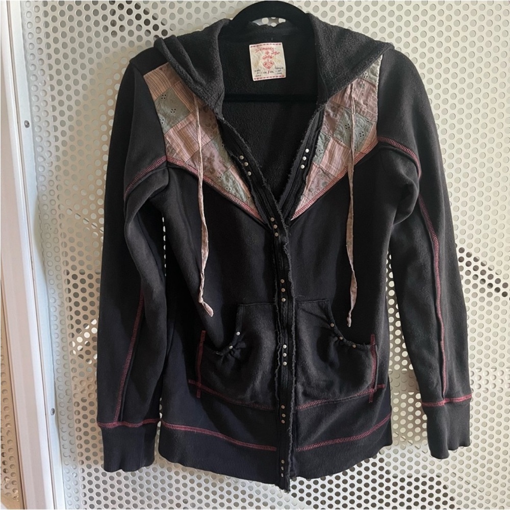Free People Intimately Zip up Hoodie Size Small in Black 100% Cotton Patchwork
